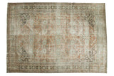 Distressed Mahal vintage carpet, allover floral design, muted terra cotta, pale sage, and charcoal.