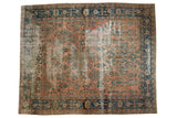 Hand-knotted Antique Persian Lilihan carpet, etched blush field, floral design, indigo border, 9' x 11'1