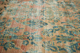 Distressed antique Lilihan carpet, showing blush and teal potted plants with etched foundation.
