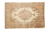 Distressed Oushak rug with rectilinear medallion, tangerine, bronze, and ivory, 4'3
