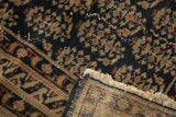 Hand-knotted distressed vintage Turkish Sparta carpet pile, reverse, and navy bronze patterns.