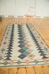 Vintage Distressed Dosmealti rug's geometric border featuring ivory, navy, rose, and green diamonds.