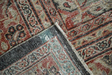 Distressed vintage Mahal carpet pile and hand-knotted foundation, displaying charcoal, red, and sea foam green.