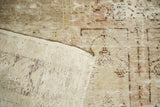 Distressed vintage Oushak rug with worn pile, visible foundation, and tightly woven back.