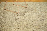 Distressed vintage Meshed rug detail, intricate floral vinery in antique ivory, silver, and brown.