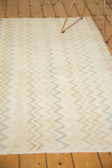Secured fringe and distressed zig-zag Oushak pattern in ivory, bronze, and faded blue tones.