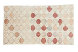 Distressed vintage Oushak runner with repeating faded octagons in ivory, apricot, wine red, 3'3