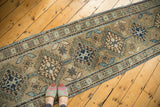 Vintage Serab runner with a repeating column of seafoam, navy, and ivory geometric medallions and vinery.