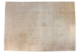 Vintage distressed Oushak carpet with faded allover vinery in ivory, blush rose, and coffee.