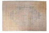 Vintage Distressed Oushak carpet with pale blue medallion, ivory rococo florals, 8'5