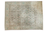 Distressed vintage Mahal carpet, serrated medallion, European Herati field, charcoal, beige, teal.