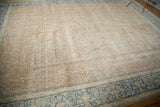Distressed blush and ivory vintage Persian carpet with allover vines and blue border.