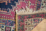Vintage Serab rug corner, plum and blue pile, ivory fringe, intact selvage, geometric kilim.