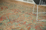 Distressed vintage Mahal carpet, curvilinear floral motif and even wear, terra cotta, teal, ivory.