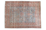Distressed vintage Persian Meshed carpet, sky blue field, ornate floral tendril motifs, 8'8
