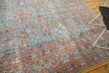 Distressed Meshed carpet's intricate borders and field with faded blue and pomegranate red motifs.