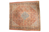 Antique Persian Mahal square rug: terra cotta Herati field, central blue diamond medallion, turtle border.