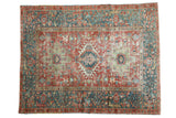 Vintage Distressed Karaja rug, cherry red field, stylized medallion, wide ocean teal border, 4'8