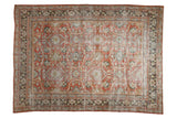 Distressed Vintage Mahal carpet with terra cotta, ivory, blue allover medallions, 7'1