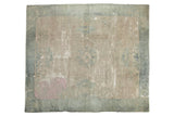 Antique Distressed Peking Carpet: faded ivory field, seafoam border, pink overdyed area. 8' x 9'1