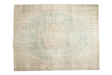 Vintage Distressed Sivas carpet, seafoam green and ivory European floral medallion, 8'7