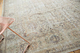 Close-up of distressed texture and faded ivory, beige, brown patterns on vintage Sivas carpet.