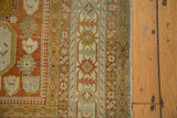 Distressed low pile and geometric Laleh Abassi pawn border design in terra cotta and powder blue.