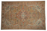 Vintage distressed Armenian rug, Sultanabad Mahal design, pale sage, terra cotta, sky blue.