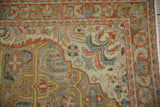 Close-up of distressed vintage Armenian rug, Sultanabad Mahal pattern in muted sage, ivory, terra cotta.