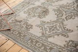 Textured distressed vintage Oushak border with faded sand, coffee, and slate blue patterns.