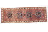 Antique Malayer runner: dusty rose field, indigo quadruple rams horn medallions, lovebirds, 3'3