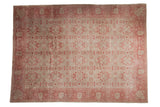 Distressed vintage Oushak carpet, pale raspberry floral medallions on silver platinum field, 8'1