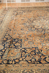 Intricate navy and sky blue palmettes with vinery on vintage Meshed rug's rust field.