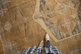 Vintage Distressed Oushak carpet displaying textured wear in coffee brown, sand, and ivory.