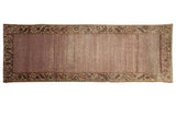 Distressed Oushak runner with raspberry lattice field and antique ivory vine border, 3'8