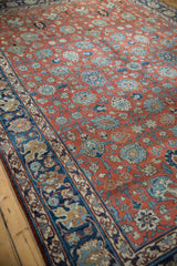 Patterned navy blue border and brick red field featuring Safavid palmette motifs.
