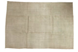 Distressed vintage Oushak carpet, pale sea foam green, washed out subtle motif, and even wear.