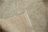 Vintage distressed Sivas carpet, close-up of worn pile, faint patterns, and hand-knotted foundation.