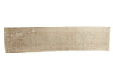 Vintage distressed Oushak runner with faint medallions and antique ivory, sand, coffee brown tones.