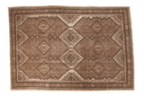 Vintage Persian Serab carpet, allover geometric medallions in chocolate brown, ivory, and powder blue.