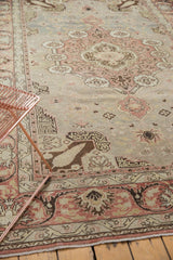 Distressed vintage Turkish Kaisary rug with faded floral motifs, blue, beige, and terracotta tones.