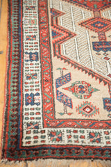 Geometric borders and vinery ground of a vintage Serab rug in sand, red, blue, and green with visible fringe.