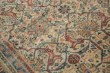 Distressed Mahal rug's intricate ivory, terra cotta, and blue Farahan Sarouk style arabesques.