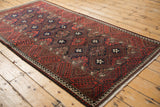 Geometric borders and red, navy, ivory floral patterns on a vintage Belouch rug.