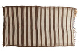 Vintage Turkish Kilim carpet, alternating ivory and chocolate brown stripes with comb effects.