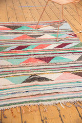 Edge of hand woven Turkish rag rug with colorful braided fringe and triangle motifs.