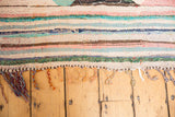 Detail of hand-woven Turkish rag rug showing colorful horizontal stripes and braided fringe.