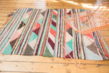 Bottom corner of a hand woven Turkish rag rug, showing aqua, plum, and ivory striped and triangle patterns.