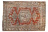 Vintage Distressed Persian Veece Carpet, faded brick red, elongated seafoam medallion, 7'8