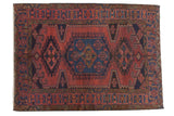 Hand-knotted Persian Veece rug, black cherry and navy oversized geometric medallion, 5' x 6'1